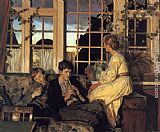 Dusk Canvas Paintings - A Mother and Children by a Window at Dusk